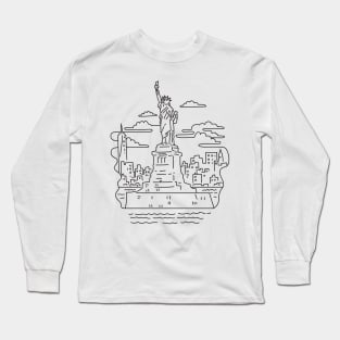 Statue of Liberty with New York City Skyline USA Mono Line Art Long Sleeve T-Shirt